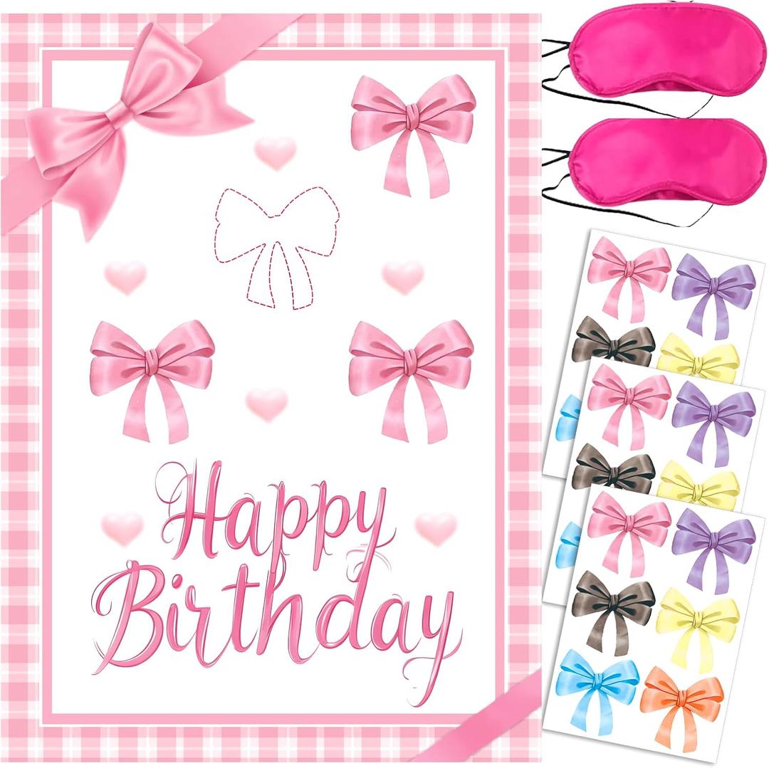 Bowknot Birthday Party Decoration,Holiday Party Decoration Set Cute Bowknot Stickers, Large Poster and 24 Bowknot Themed Birthday Gift Stickers (Pink)
