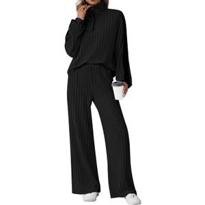 JUSTFASHIONNOW Womens 2 Piece Outfits Ribbed Knit Lounge Sets Cozy Half Zip Sweatsuit Sets Wide Leg Jogger Tracksuits, Black, Large