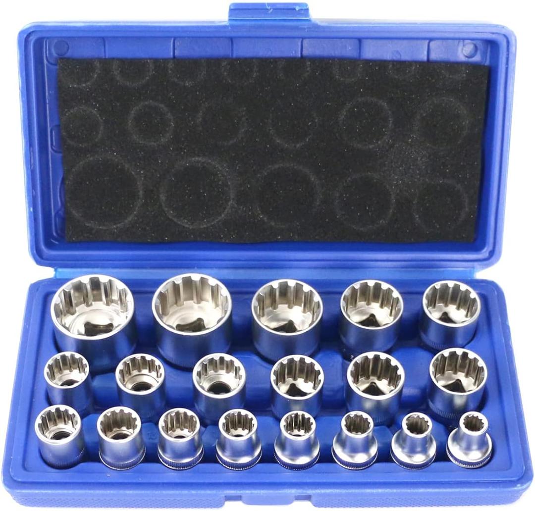 19 Pcs Spline Socket Set Metric, 12 Point Socket Set 1/2" Drive, 8-32mm Cr-V Spline Socket with Case