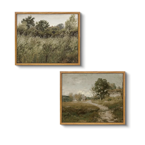 VIYYIEA 2 Pcs Vintage Framed Wall Art, Country Road and Grassland Painting Decor Aesthetic, Small Canvas Print Artwork, Farmhouse Landscape Wall Pictures for Bedroom Bathroom, 9x11 Inch, Set of 2