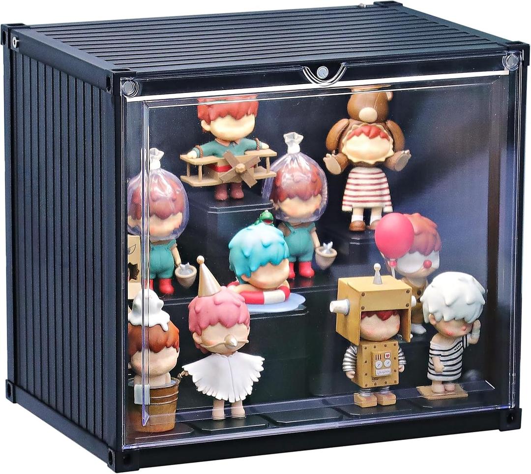 Display Case for Figures & Collectibles, One-Piece Molded Magnetic Door with 3 LED Light Effects, Stackable No Assembly Acrylic Container for Labubu, Action Figures (11.4"x8.1"x10.1") (Black)