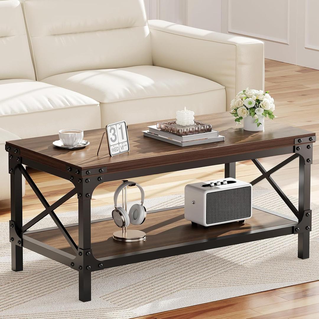 Rectangle Coffee Tables for Living Room, Wood Rectangular Coffee Table, 2 Tier Dark Brown Modern Center Table with Thickened Tabletop and Metal Frame, 40 inch Long (Walnut), 39inch