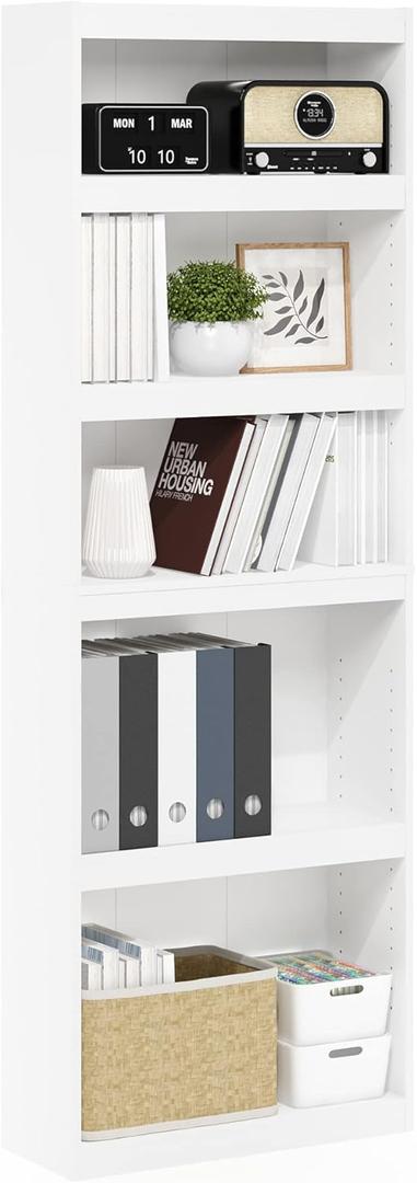 Furinno JAYA Book Shelf, 5-Tier Bookshelf, Enhanced Home Bookcase with Adjustable shelf, 9.5" x 24.5" x 71.1", for Organization and Storage, for Living Room, Bedroom, Home Office, White