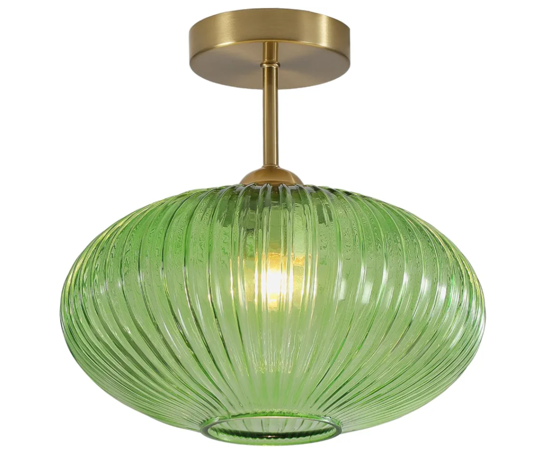 Modern Ceiling Light Green Glass Pendant Light Stairway Mid Century Close to Ceiling Light Gold Semi Flush Mount Ceilings Light Fixture for Island Kitchen Dining Room Hallway 9.8"