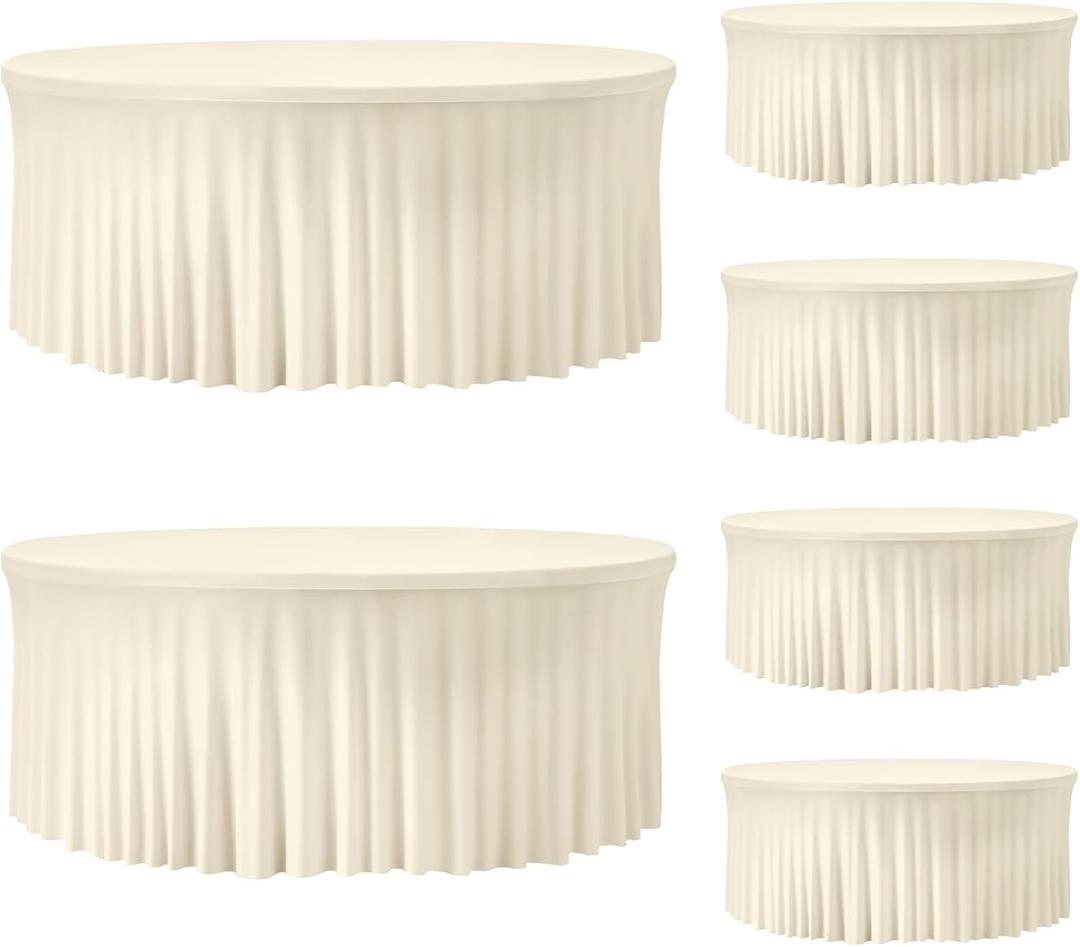 6 Pack Ivory Round Tablecloth 60 Inch, Washable Table Cloths Elastic Edge with Skirt Circular Table Cover for Wedding Banquet Party Birthday Buffet Restaurant Dining