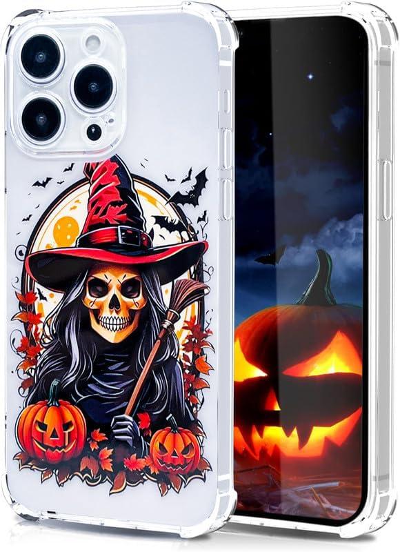 Fashion Halloween Phone Case with Bat Pumpkin Pattern for iPhone 15 Pro Max,Horror Designed Shockproof Soft Slim Clear TPU Cover for Boys Girls Teens Men and Women(Witch-15PM)