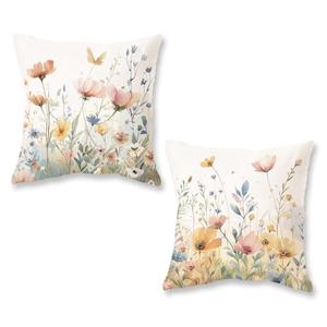 ONWAY Spring Floral Pillow Covers 18x18 Inch Watercolor Flowers Decorations Farmhouse Summer Outdoor Patio Cushion Case for Sofa Couch Home Set of 2