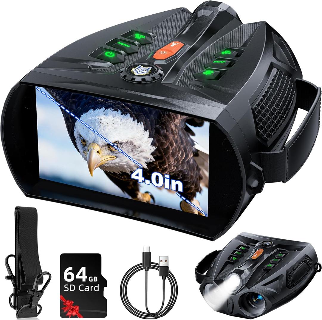 4K Night Vision Goggles, 4.0" HD Screen Night Vision Binoculars with 5000mAh Rechargeable Battery, 64GB TF Card for Photo & Video, Infrared Binocular for Adults, Camping, Wildlife Observation (Black2)