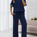 Two Piece Sets for Women Wide Leg Pants Beach Vacation Clothes Summer Outfits Travel Mock Neck Lounge Sets (Blue, XXL)