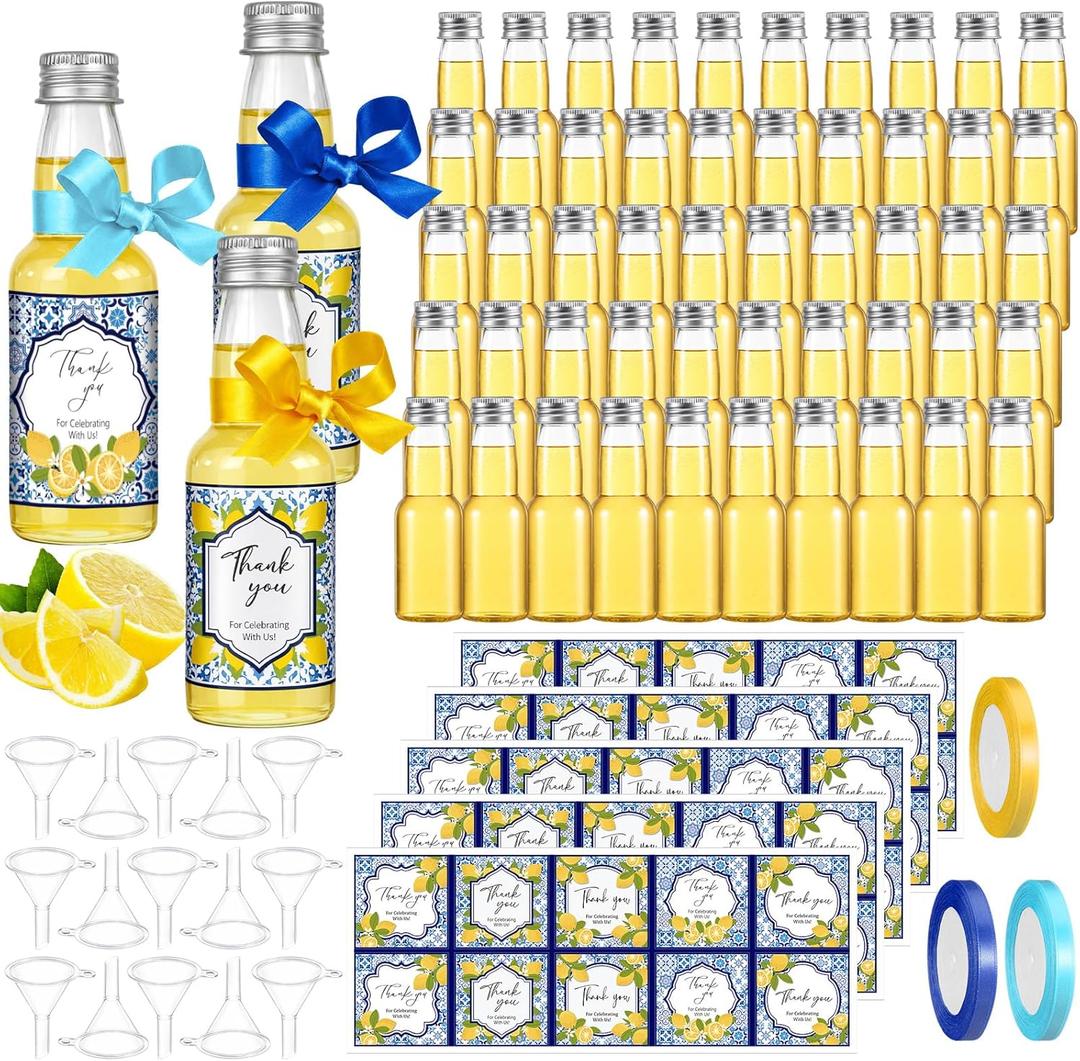 Suclain 50 Set Capri Lemon Party Favors 2 oz Mini Limoncello Bottles with Italian Lemon Sticker Blue Yellow Ribbon and Funnel for Amalfi Coast Mediterranean Wedding Bridal Baby Shower Party Decor