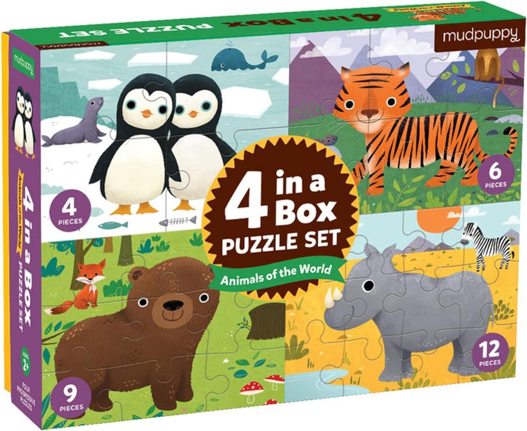 Mudpuppy Animals of The World 4-in-A-Box Puzzle Set, 12