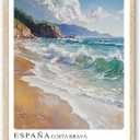 sea Abstract Wall Art Oak Wood Beach Frame Wall Art, 8X10 inch Spanish Retro Travel City Poster Canvas Print, Classic City Landmark, Suitable Bedroom for Living Room