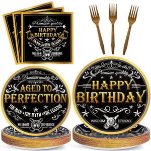 96 Pcs Aged to Perfection Party Plates Napkins Tableware Set Vintage Theme Birthday Supplies Disposable Dinnerware Black Gold Happy Birthday Party Decoration Favors for Men, 24 Guests