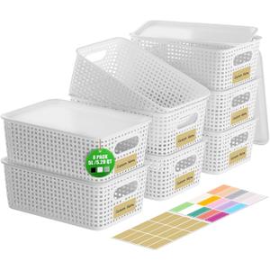 8 PCS Plastic Storage Baskets with Lids, Stackable Storage Bins with Lids & Labels for Organizing, Small Storage Bins for shelves, Office, Drawer, Cabinet & Pantry,Nursery Organization,10.2*7.2*4.1In