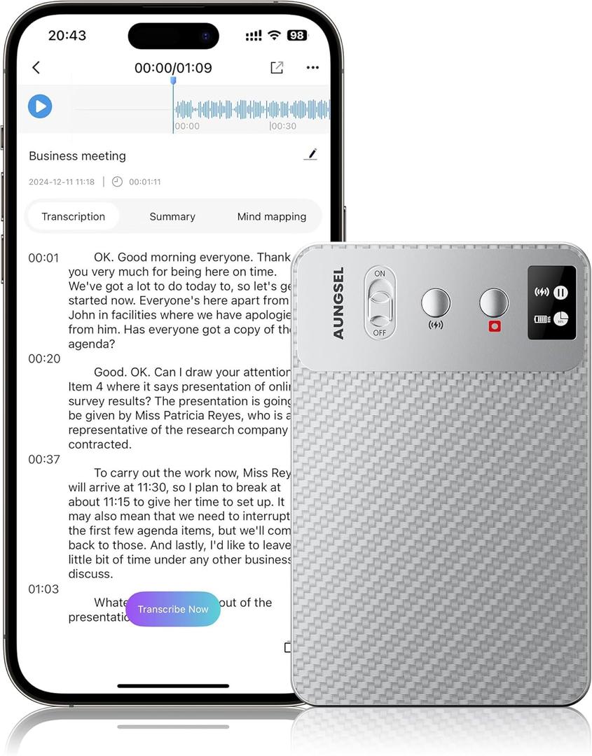 AI Voice Recorder, Transcribe & Summarize AI Audio Recorder, Support 121 Languages, 64GB Memory, Wireless Charging, App/Web Control, Digital Recording Device for Lectures, Meetings, Calls, Silver