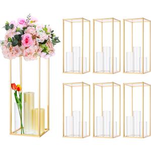 Sieral 6 Sets Wedding Flower Vase Include 6 Pcs Gold Metal Centerpieces Flowers Stand 18 Pcs Clear Glass Candle Holders Cylinder Vases Flower Vases for Table Centerpiece Wedding Home Decor