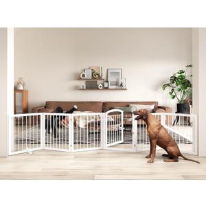 JSB 144-inch Extra Wide 30-inch Tall Dog gate with Door Walk Through, Freestanding Round Tube Pet Gate for Halls Stairs, Puppy Safety Dog Fence with 2PCS Support Feet (White)