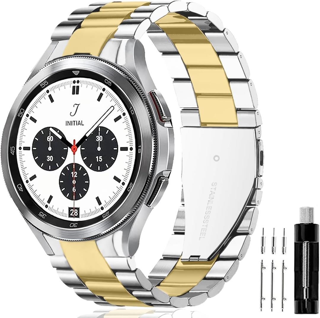 GOLDTOLUCK Compatible with Samsung Galaxy Watch 7 6 5 4 FE Band Pro Classic 43mm 47mm 45mm 40mm 44mm 42mm 46mm No Gap Classy Elegant Casual Men Women Metal Business Stainless Steel (43/47/45/40/44/42/46mm, Gold/Silver)