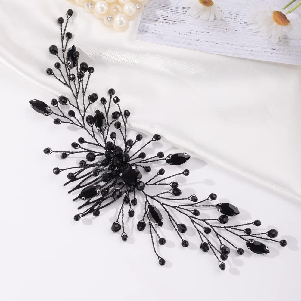 Missgrace Women's & Girls' Special Occasion Hair Comb, Black Metal, Full Rhinestones Side Hair Comb, Perfect for Prom, Party, Wedding Hairstyle, 22cm (8.6")