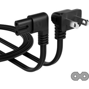 Angled 2-Slot Non-Polarized Angle Power Cord 25 FT, 90 Degree L-Shaped TV Power Cord, IEC320 C7 to NEMA 1-15P, 2 Prong Replacement Cable, Figure 8, Black