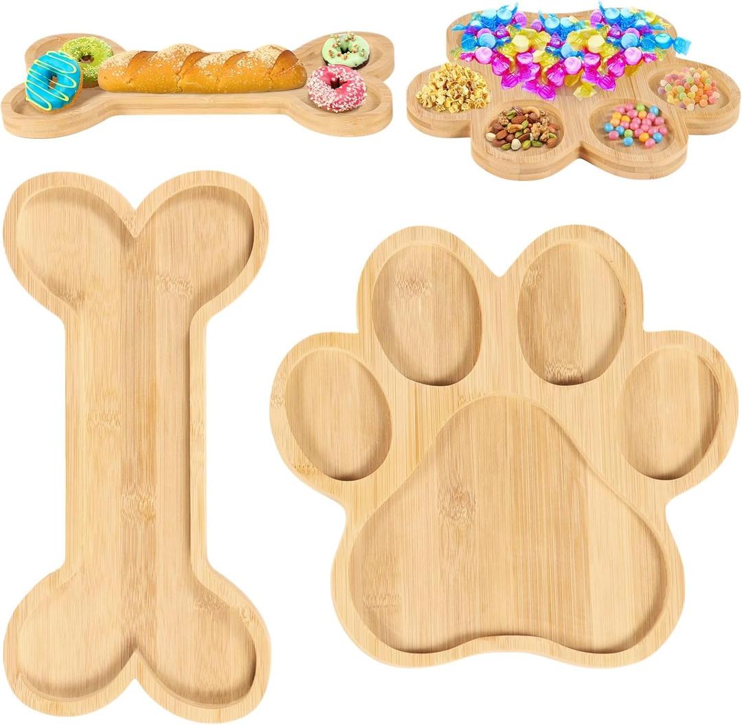 2 Pcs Cute Shaped Bamboo Serving Tray, Paw and Bone Shaped Charcuterie Boards with Grooves, Natural Wooden Snack Platters, Lovely Candy Dish Bowls for Party, Housewarming Gifts