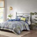 Madison Park Tangiers Quilt Modern Classic Design All Season, Breathable Coverlet Lightweight Bedding Set, Matching Shams, Decorative Pillow, Full/Queen(90"x90"), Circle Blue 6 Piece