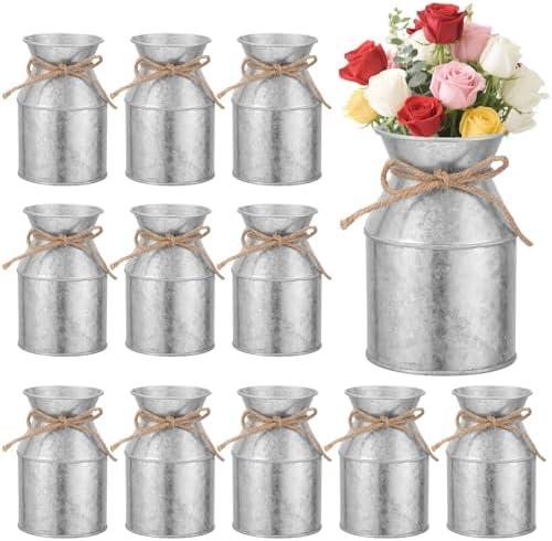 11 Pcs Farmhouse Metal Flower Vase Decor, 5.3 Inch Galvanized Milk Can Jug Vase with Twine Bow Rustic Flower Buckets for Centerpieces Floral Display Table Home Wedding Festival DIY Decorations