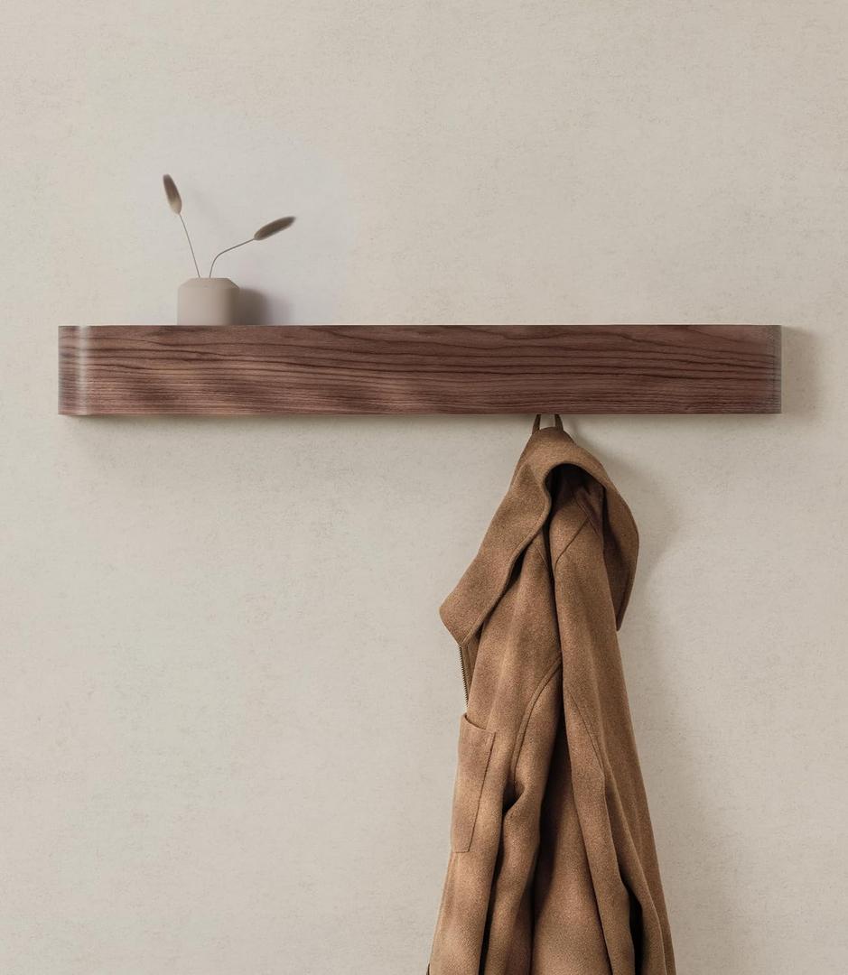 Kazai. Wall-Mounted Coat Rack 'Toke' - Modern Design with Hidden Wall Hooks - Solid Wood Veneer Panel Coat Hanger - Walnut