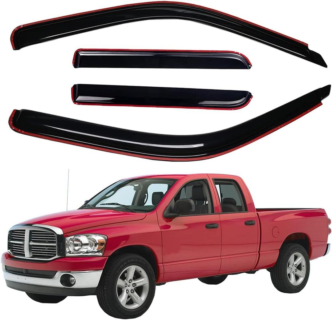 Lightronic Extra Durable Clip-on in-Channel Auto Vent Window Visors, Fits 2002-2008 Dodge Ram 1500, 2003-2009 Ram 2500 & 3500, Quad Cab, UV-Protect Rain Guards, Original Wind Deflector, Smoke, 4-Pcs