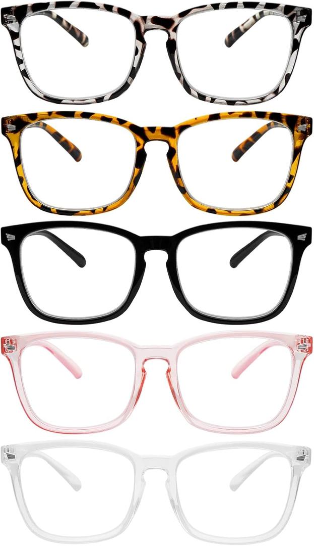 5 Pack Blue Light Blocking Reading Glasses Fashion Square Computer Readers for Women Men, Anti UV Ray Nerd Eyeglasses (5 Mix, 1.5)