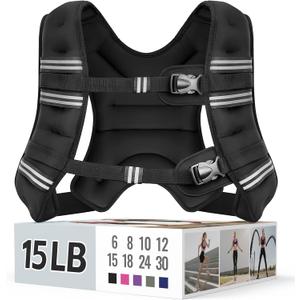 Weighted Vest for Women & Men with Reflective Stripe and Adjustable Buckle, Comfortable & Durable Rucking Vest for Walking, Running & Strength Training (15 lb, Black)