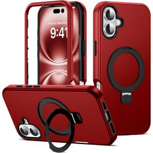 Compatible with iPhone 16 Case 6.1'' with Magnetic Ring Stand [Military Drop Protection][Compatible with Mag-Safe] Shockproof 16 Phone Case for Men Wowen,Red