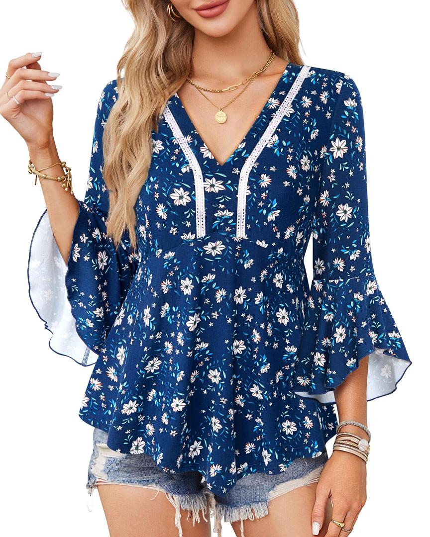 VALOLIA Fall Tops for Women 2025 Womens V Neck Tunic Tops 3/4 Sleeve Womens Tops Dressy Casual Office Clothes Flowy Shirts Flower Blue Medium (M)