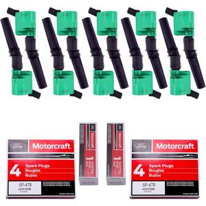 MAS Set of 10 Ignition Coils Pack Green DG508 & Motorcraft Spark Plug SP479 Compatible with Ford E350 E450 Excursion Econoline Super Duty F250 F350 6.8L V10 Replacement for FD503 3W7Z12029AA