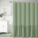 BTTN Extra Long Linen Shower Curtain - 72x96 Inch Heavy Duty Fabric Shower Curtain Set with Ruffle Hem, Tall Modern Farmhouse Vintage Country Cloth for Bathroom - Green