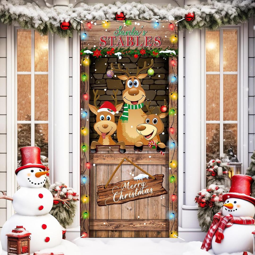 Christmas Door Cover Decoration Oxford Reindeer Stable Front Door Banner 79 x 35 in with Rope and Hooks Reindeer Elk Backdrop Xmas Hanging Cover Photography Background for Holiday Decor (Wood Color)