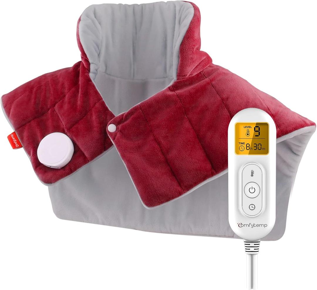 Heating Pad for Neck and Shoulders and Back, Comfytemp Weighted Electric Heat Pad for Warmth, 2.6lb Large Heated Wrap, 9 Heat Settings, 11 Auto-Off, Women Men Birthday Gifts Red
