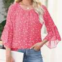 CiCiBird Women Chiffon Floral Blouse 3/4 Ruffle Sleeve Crew Neck Pleated Front Tops Dressy Casual Shirts (XXL)