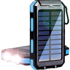 Solar Power Bank, YELOMIN 20000mAh Portable Outdoor Solar Charger, Camping Waterproof Backup Battery Pack with Dual USB 5V Outputs/LED Flashlights and Compass for Cellphones, Perfect for Hiking Travel (Blue)