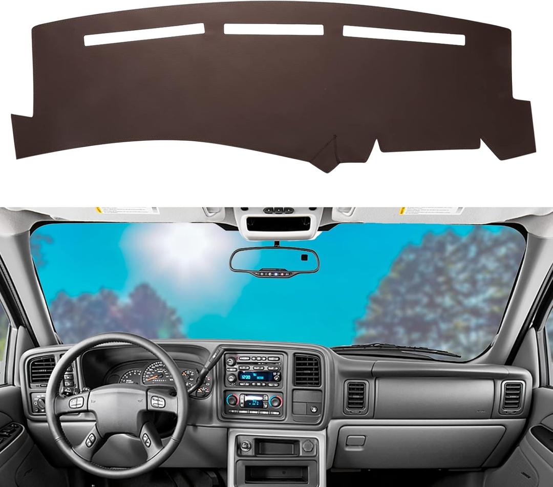 Dashboard Dash Mat Cover Leather Dashboard Pad Sun Protection Compatible for 99-06 Chevy Silverado GMC Sierra,00-06 Chevy Suburban Tahoe GMC Yukon/XL,01-06 Chevy Avalanche(Brown)
