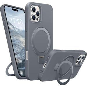 Liquid Silicone Case for iPhone 16 Pro Max with Magnetic Ring Stand, Military Grade Shockproof Protection, Anti-Scratch Microfiber Lining Covers for iPhone 16 Pro Max, Grey