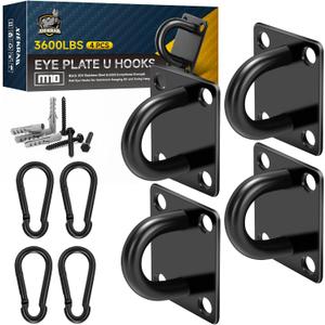 Stainless Steel Heavy Duty Ceiling Hooks 4-Pack, M10 Pad Eye Hook with Snap Hooks, Eye Hooks Heavy Duty Mounting Plate, Swing Hooks for Indoor/Outdoor Use with Screws & Expansion Tubes