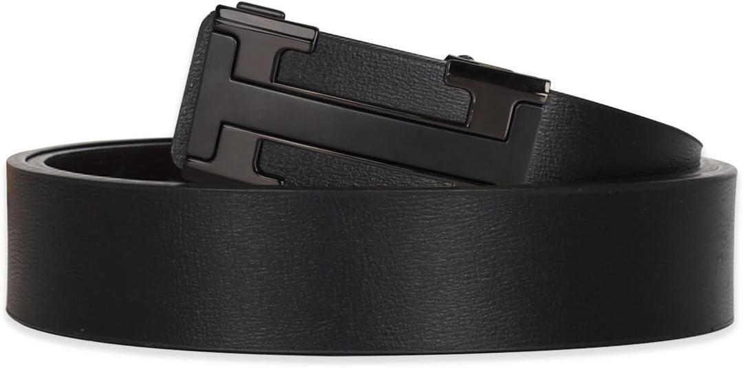 Men&Womens Leather Dress Belt Business Automatic Buckle Belt Color-Black Silver Gold (41 inches Length Adjustable)