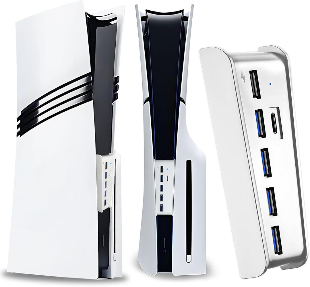 6 Port USB Hub for PS5 Pro & PS5 Slim Console Disc/Digital, High-Speed Extra USB Ports for PS5 Slim Pro Accessories, PS5 Hub Charger Splitter Adapter with 4 USB 2.0 + 1 USB Charging Port +1 Type C 3.0 (White)