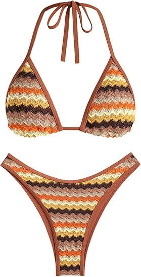 Seamoly Women's Bikini Sets Halter Neck Crochet Colorblock Two Piece Swimsuits Open Back Sexy High Cut Thong Bathing Suit, M