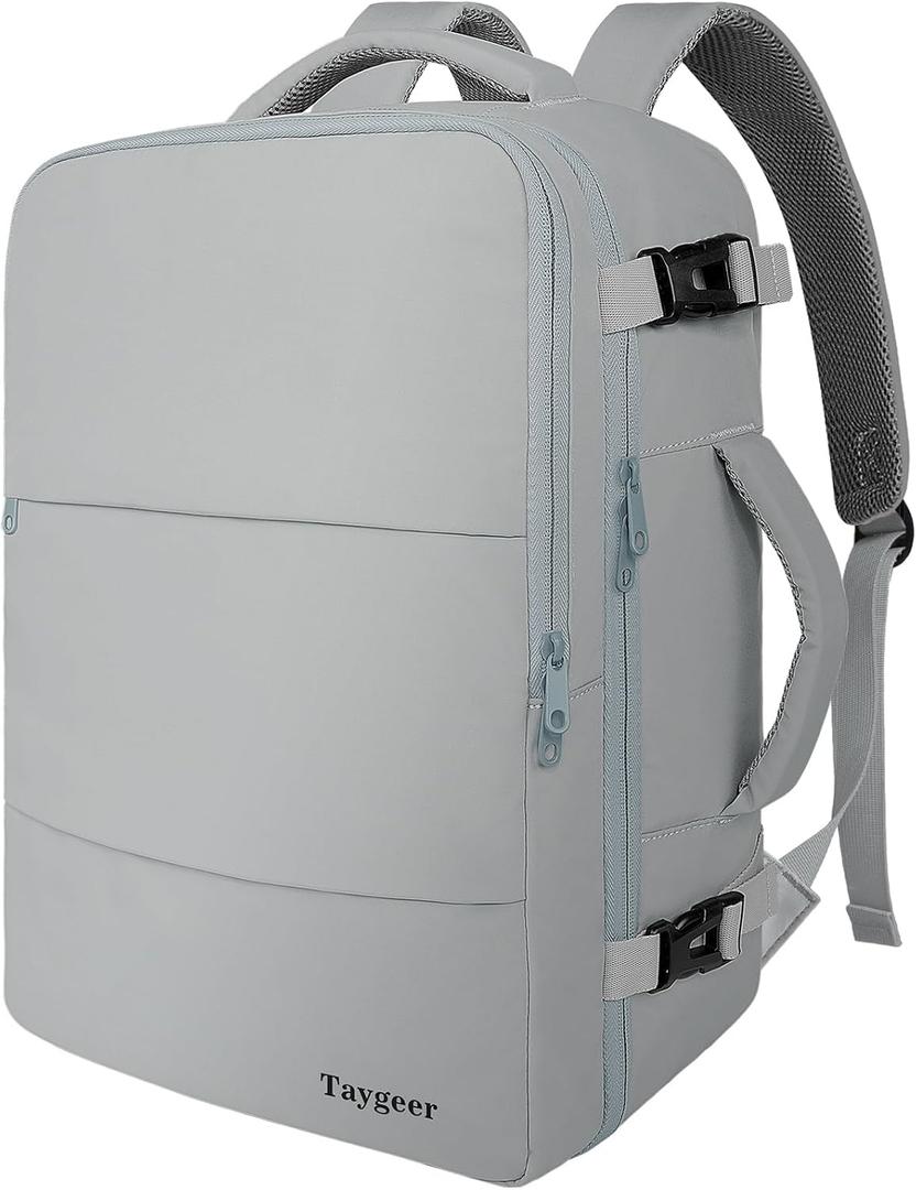 Taygeer Carry On Backpack, Womens Travel Backpack with Water Bottle Pocket & Shoe Pouch, Laptop Mochila 15.6inch Flight Approved, College Teacher Tote Bag for Business Travel Supplies, Grey