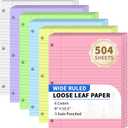 504 Sheets Loose Leaf Binder Paper, 6-Color Wide Ruled Lined Papers, 8 x 10.5, 3-Hole Punched Notebook Paper Writing Papers for School Office