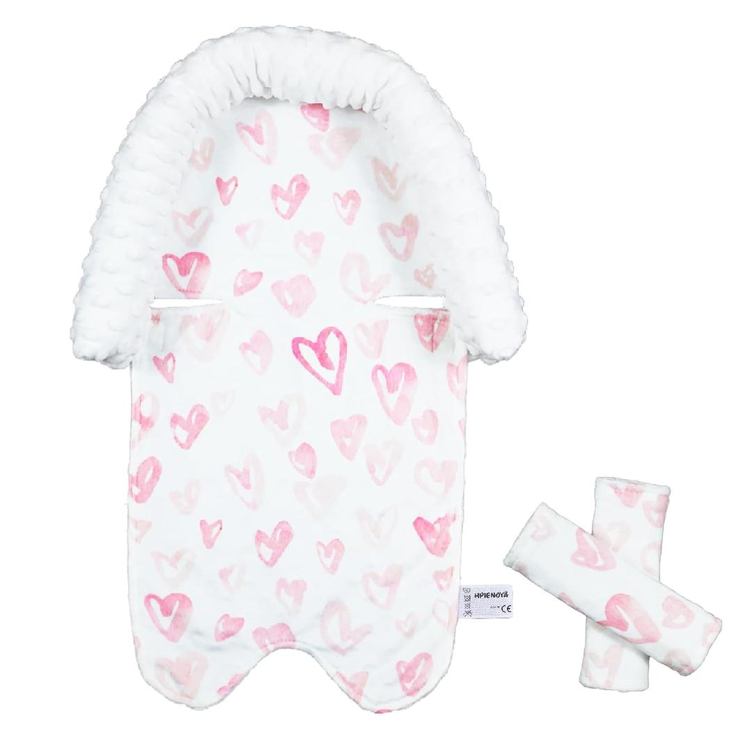 Baby Car Seat Head Support Cushion and Strap Cover for Girls - Infant Carseat Insert Support Soft Minky Newborn Headrest Seatbelt Covers for Car Seat, Stroller, Bouncer, Pink Love