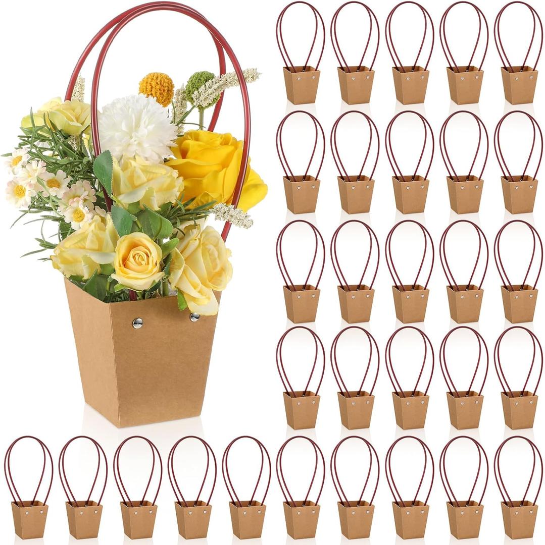 Gilprop 30 Packs Bouquet Bag Kraft Paper Flower Gift Bags with Handle Bouquet Bag Box with Waterproof Lining for Birthday Wedding Party Favors (11.8 x 3.5 x 2.5 Inch,Brown)