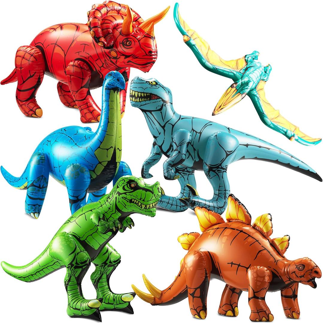 6-Pcs Inflatable Dinosaur Birthday Party Decorations - Large Blow-Up Dino Toys for Kids (20-26) Dinos for Boys or Girls - Self-Standing Vinyl Balloons for Jurassic Theme Party & Pool Floats